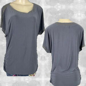 Emi & Joe M Gray Metallic Studded Accent Ruched Sides Short Dolman Sleeve Top